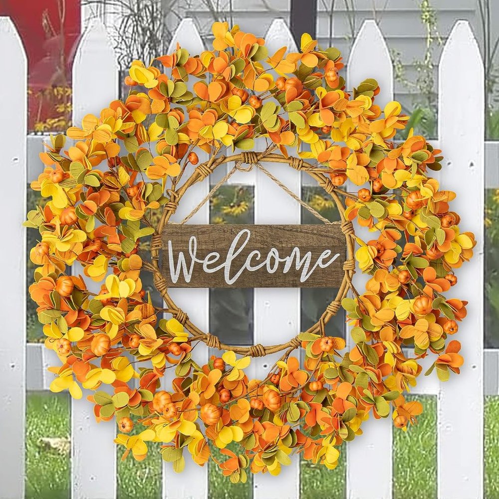 20In Artificial Fall Wreaths with Pumpkins for Front Door Decoration